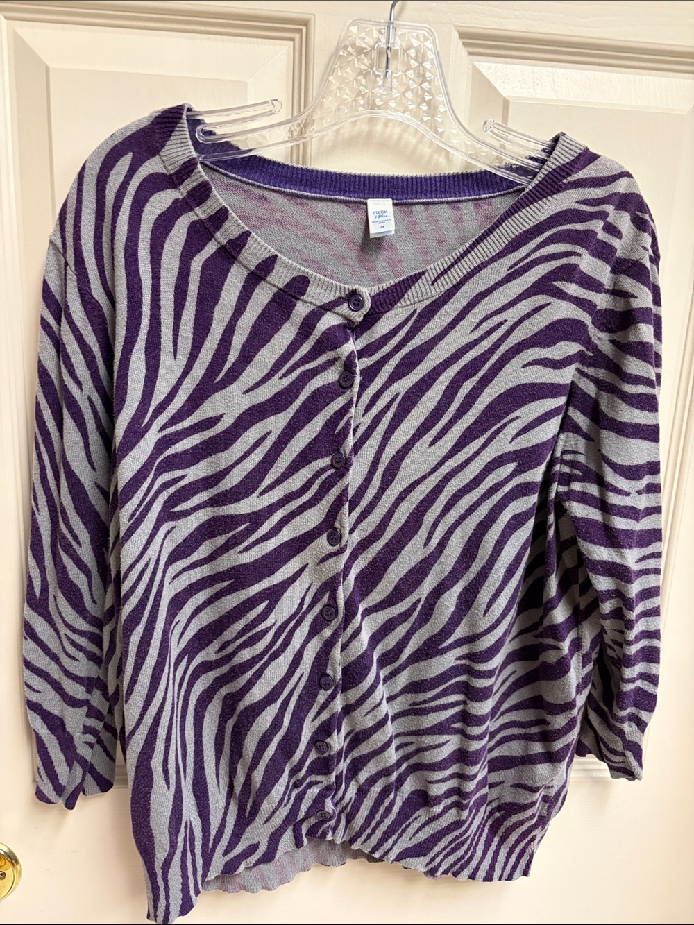 “Piper & Blue” Purple and Light Gray Zebra-Print Button Cardigan